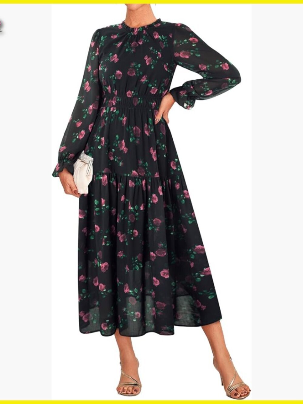 Elegant Flowy Maxi Dress Long Sleeve Chiffon Wedding Guest Tiered A-Line
